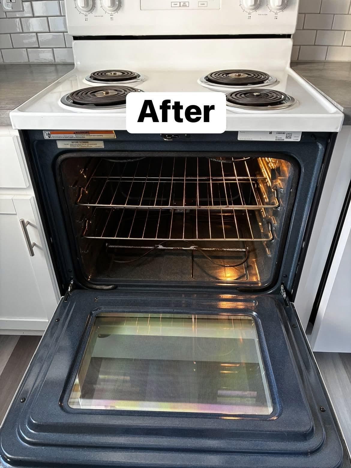 The same oven with clean racks and a clear door, after cleaning