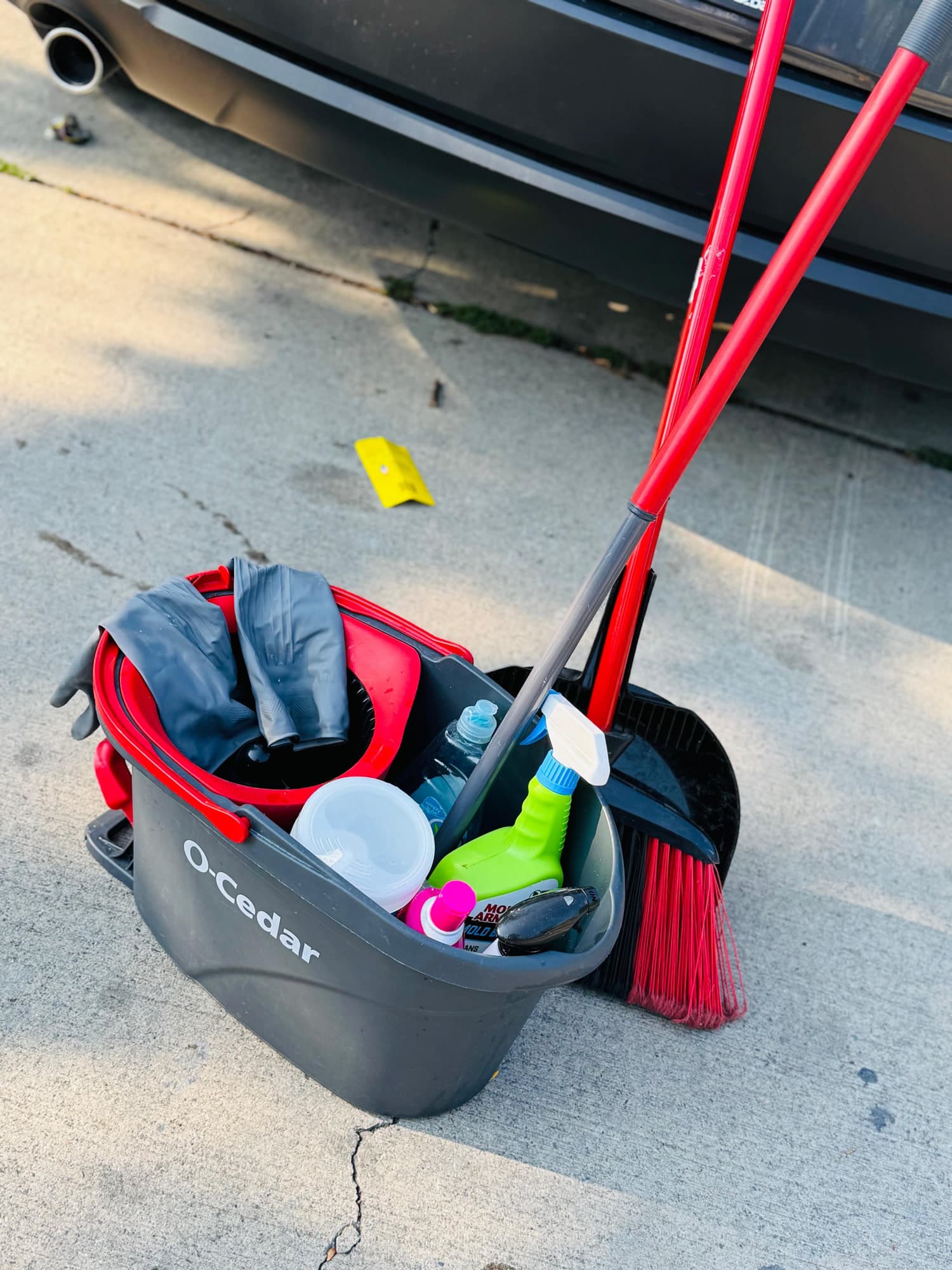 Mop bucket, broom, dustpan, gloves and cleaning products ready for a deep clean